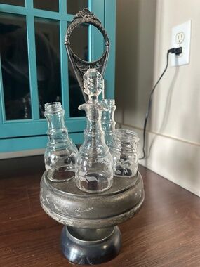 Vintage Etched Cruet Silver-plate Castor Set Condiment Caddy
